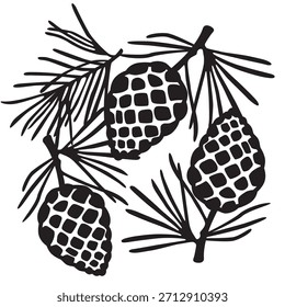 Conjunto de iconos de cono de pino. Otoño Elementos naturales. Blanco y negro. Ilustración vectorial dibujada a mano. Plantilla de diseño de tarjeta de felicitación. Concepto de decoración