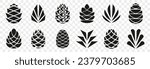Pine cone icons on a transparent background. Set of simple black pine cone. Pine cone logotype. Set of forest pine branches, cones