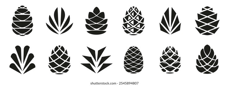 Pine cone icons on a white background. Set of simple black pine cone. Pine cone logotype