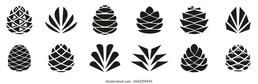 Pine cone icons on a white background. Set of simple black pine cone. Pine cone logotype