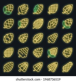 Pine cone icons set. Outline set of pine cone vector icons neoncolor on black