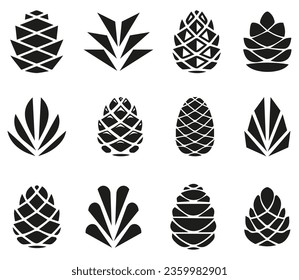 Pine cone icons. Set of simple black pine cone. Pine cone logotype. Set of forest pine branches, cones