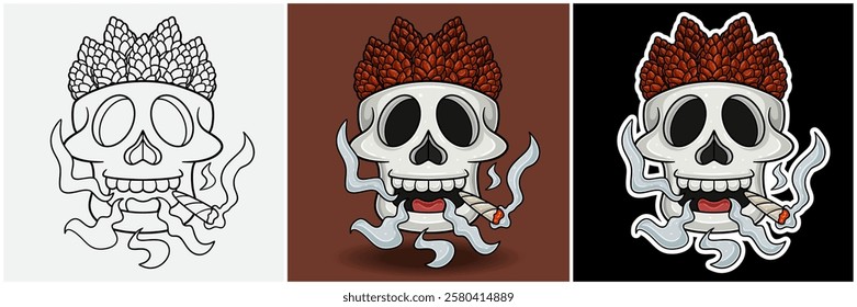 Pine Cone Inside Skull Head With Smoking Character Cartoon. Black White, Colorful and Sticker Style. For T shirt print, Brand Logo, Label and Mascot product. Vectors Illustrations