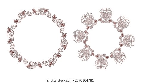 Pine Cone Jam Wreaths Set. Line Art Circle Frames With Glass Jars, Branches And Young Cones. Brown Outline drawing, coloring. Isolated Forest Template with Empty Copy Space. Vector Illustration 