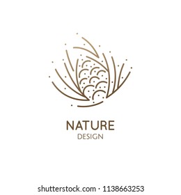 Pine cone logo. Abstract vector icon with fir-needles. Linear simple emblem for design of natural organic products, packaging of cosmetics, oils and ecology concepts, health, spa and yoga Center.