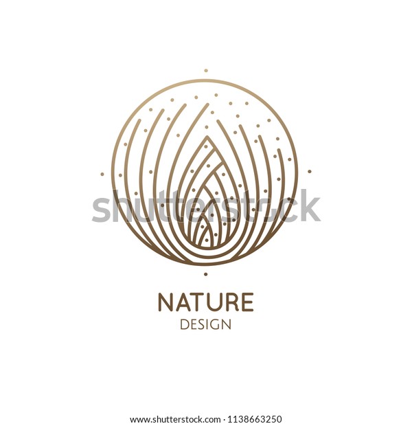 Pine cone logo. Abstract vector icon with\
fir-needles. Linear round emblem for design of natural organic\
products, packaging of cosmetics, oils and ecology concepts,\
health, spa and yoga\
Center.