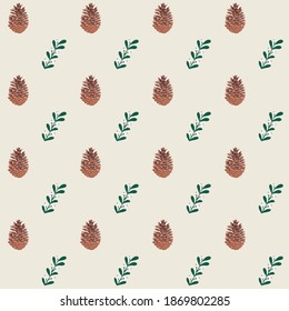 Pine cone and mistletoe repeat pattern on a beige background.
Christmas texture. Natural botanical holidays wrapping paper.