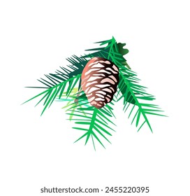 Pine cone on a Christmas tree branch. Holiday design vector illustration