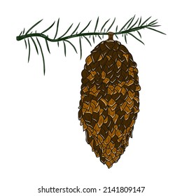 Pine cone on field icon. Colorful graphic sketch. Idea for decors, logo, covers, holidays, gifts, art. Isolated vector.