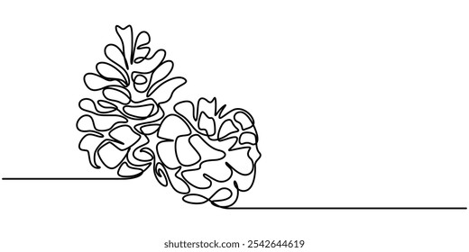 Pine cone one line art. Continuous line drawing of new year, freezing, holidays, christmas, traditional, pine cone, nuts, decor, winter, pine, spruce, Abstract cedar cone, continuous one line art draw