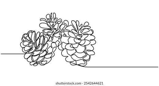 Pine cone one line art. Continuous line drawing of new year, freezing, holidays, christmas, traditional, pine cone, nuts, decor, winter, pine, spruce, Abstract cedar cone, continuous one line art draw