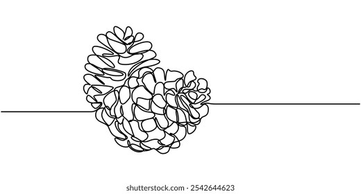 Pine cone one line art. Continuous line drawing of new year, freezing, holidays, christmas, traditional, pine cone, nuts, decor, winter, pine, spruce, Abstract cedar cone, continuous one line art draw