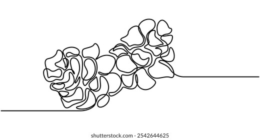 Pine cone one line art. Continuous line drawing of new year, freezing, holidays, christmas, traditional, pine cone, nuts, decor, winter, pine, spruce, Abstract cedar cone, continuous one line art draw