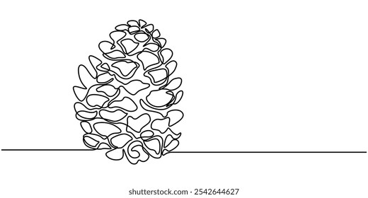 Pine cone one line art. Continuous line drawing of new year, freezing, holidays, christmas, traditional, pine cone, nuts, decor, winter, pine, spruce, Abstract cedar cone, continuous one line art draw