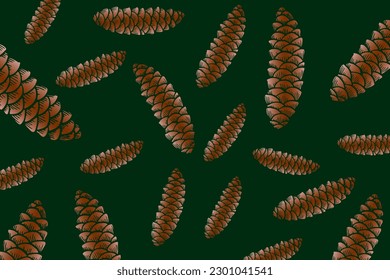Pine cone pattern, vector illustration of scattered pine cones