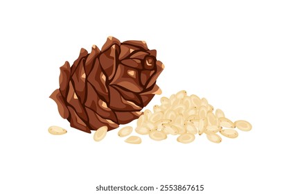 Pine cone and pile of pine nuts isolated on white background. Vector cartoon flat illustration. 