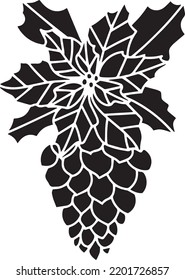 Pine cone and poinsettia Vector Stencil, black and white