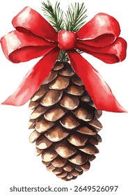 Pine Cone with Red Bow Watercolor  vector illustration
