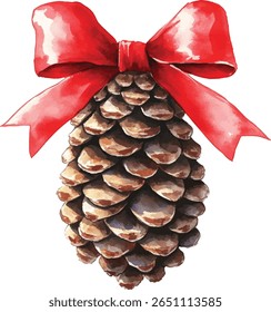 Pine Cone with Red Bow Watercolor  vector illustration