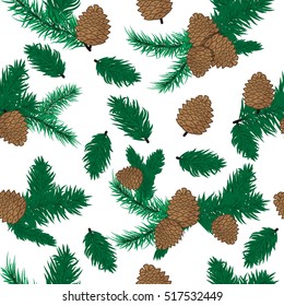 Pine cone seamless pattern christmas decoration. Nature pine cone decoration spruce xmas green forest elements. Evergreen holiday pine cone branch set. Forest plant evergreen pine branches.
