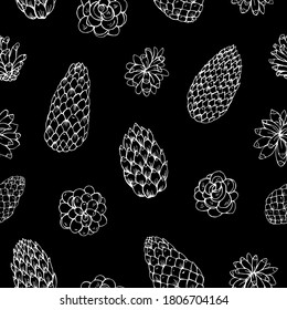 Pine cone seamless vector pattern. Hand drawn vector illustrations. Great for greeting cards, backgrounds, holiday decor. Background for Christmas and New Year design.