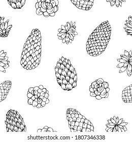 Pine cone seamless vector pattern. Hand drawn vector illustrations. Great for greeting cards, backgrounds, holiday decor. Background for Christmas and New Year design.