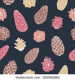 Pine cone seamless vector pattern. Great for greeting cards, backgrounds, holiday decor. 