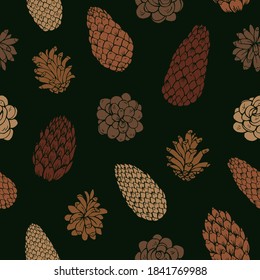 Pine cone seamless vector pattern. Great for greeting cards, backgrounds, holiday decor. 