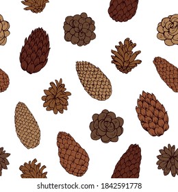 Pine cone seamless vector pattern. Great for greeting cards, backgrounds, holiday decor. 
