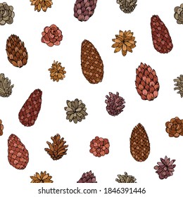 Pine cone seamless vector pattern. Great for greeting cards, backgrounds, holiday decor. 
