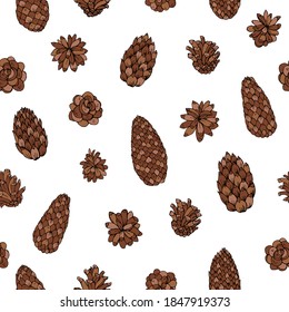 Pine cone seamless vector pattern. Great for greeting cards, backgrounds, holiday decor. 
