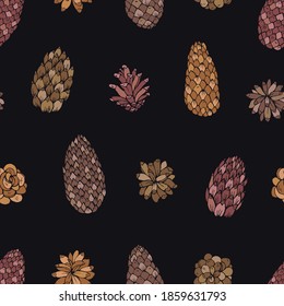 Pine cone seamless vector pattern. Great for greeting cards, backgrounds, holiday decor. 
