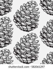 Pine cone set. Botanical hand drawn vector illustration. Isolated xmas pinecones. Engraved collection. Great for greeting cards, backgrounds, holiday decor