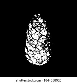 Kiefernkegel-Silhouette. Weißer Druck auf schwarzem Hintergrund