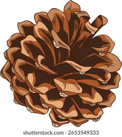Skizzensymbol für Kiefernzapfen. Braune Tanne Kegel botanische handgezeichnete Vektorgrafik. Natürlicher Nadelduft, Waldduft, holziger aromatischer Geschmack. Weihnachtsdekoration