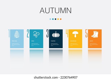 pine cone, wind, pumpkin, mushroom, boots icons Infographic design template. Creative concept with 5 steps