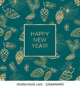 Pine cone Xmas and New Year banner template with gold and gree colors. Hand drawn elegant natural cones for winter celebration, invitation, cards, header