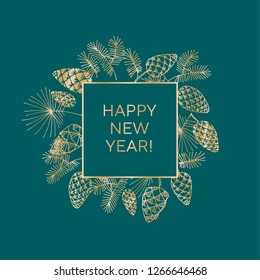Pine cone Xmas and New Year banner template with gold and gree colors. Hand drawn elegant natural cones for winter celebration, invitation, cards, header