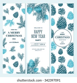 Pine cones banner collection. Christmas banners. Vector illustration