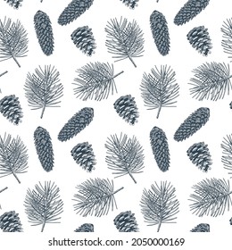 Pine cones, pine branches and fir cones  seamless pattern. Christmas hand drawn background. Vector engraving illustration