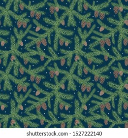 Pine cones and branches night sky  pattern with snowflakes