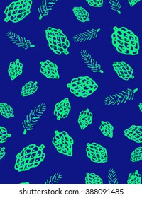 pine cones and pine branches on a dark blue background seamless vector pattern