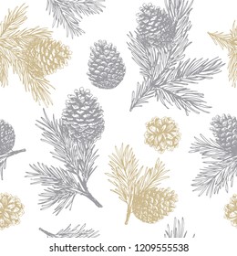 Pine cones and branches seamless pattern. Christmas gift wrapping.