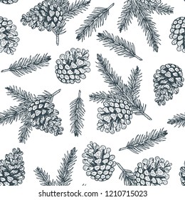 Pine cones and pine branches seamless pattern. Christmas hand drawn background.