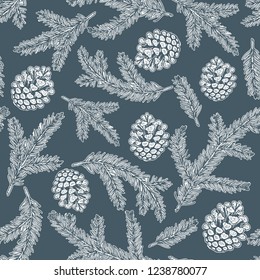Pine cones and pine branches seamless pattern. Christmas hand drawn background.