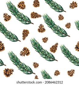 Pine cones and branches seamless pattern on a white background. Vector illustration.