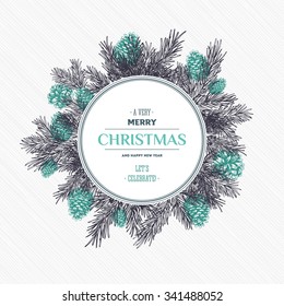 Pine cones christmas design template. New year card. Vector illustration