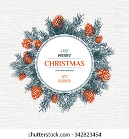 Pine cones christmas design template. New year card. Vector illustration