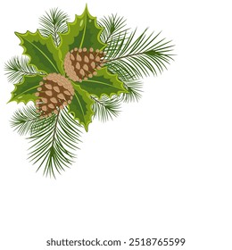 Pine cones cone border with branch. Christmas winter design with copy space. Stock vector