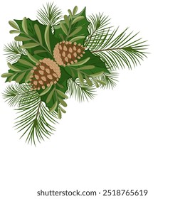 Pine cones cone border with branch. Christmas winter design with copy space. Stock vector isolated